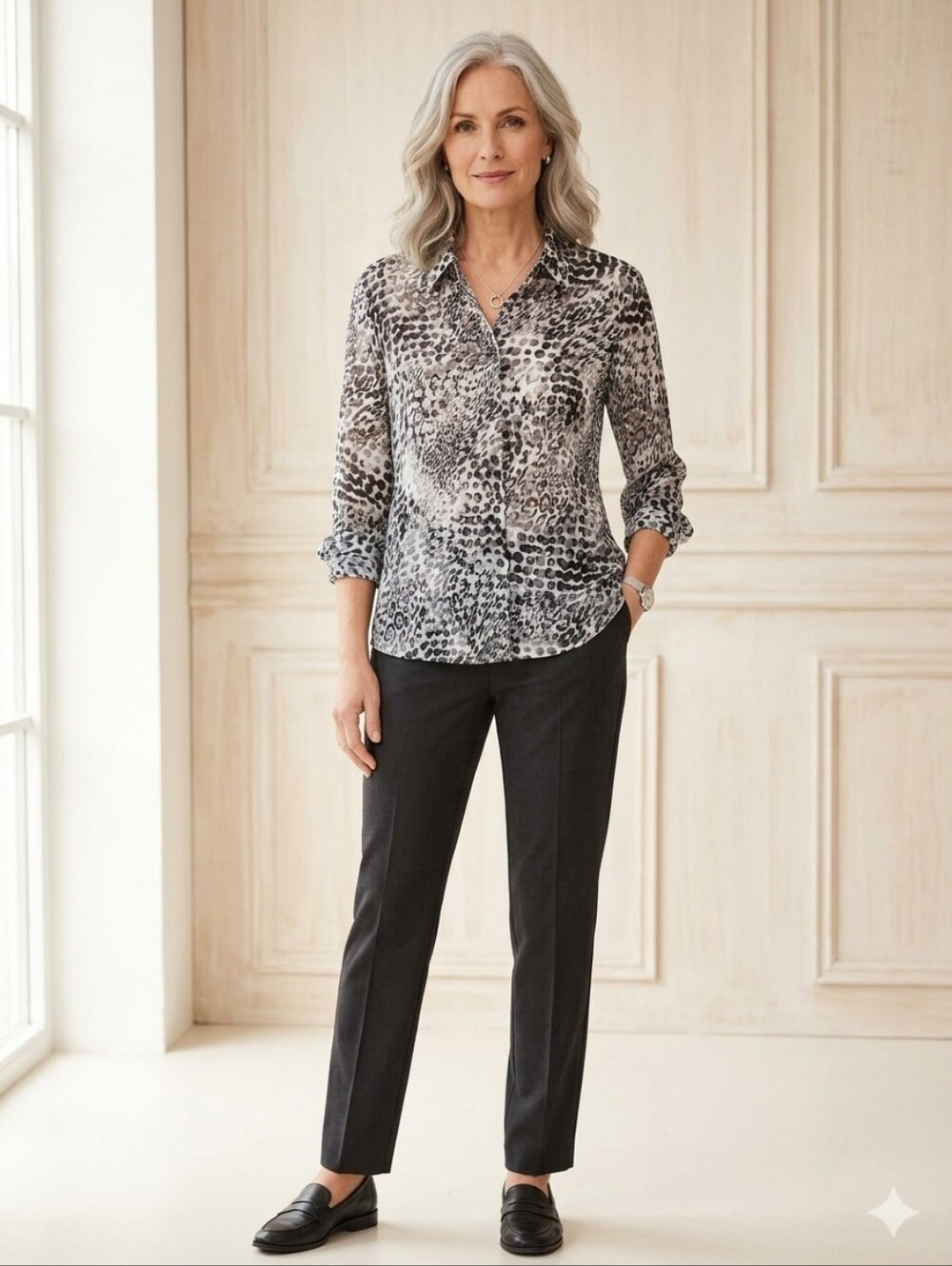GERRY WEBER | Black Gray White Abstract Animal Print Button Down Blouse | 14
